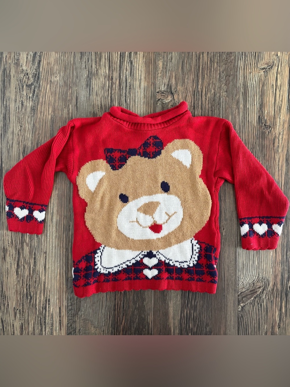 Vtg Noah’s Ark Pullover Knit Sweater GIRLS NO SIZE TAG Red Teddy Bear Hearts 90s